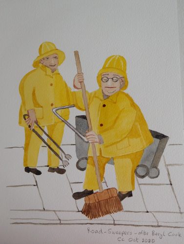 CC. after Beryl Cook. Road Sweepers.  Watercolour.
